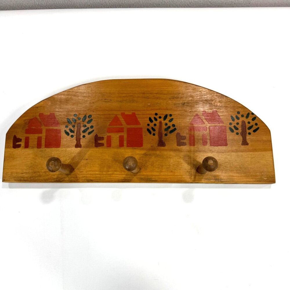 Vintage Country Folk Art Wooden Wall Rack 3 Peg House Tree Stencil Farmhouse